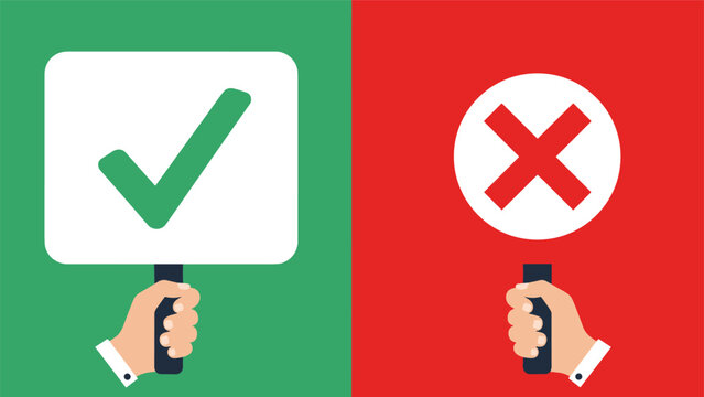Comparison between positive and negative choices shown by hands holding signs with green checkmark and red cross symbols.