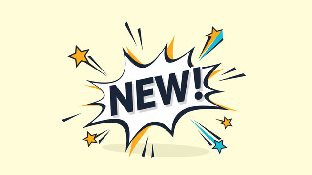 Dynamic new product announcement symbol featuring bold text inside a classic comic book style explosion with festive stars.