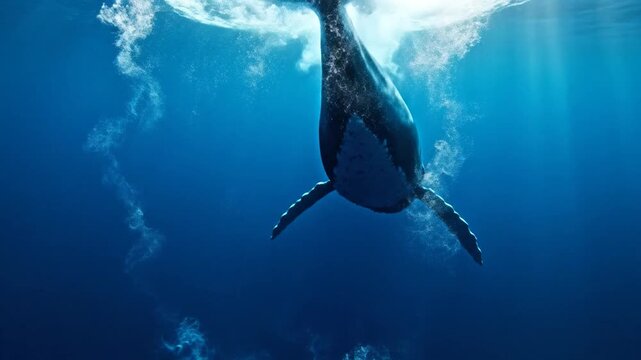 Majestic Blue Whale Surfaces In Deep Blue Ocean