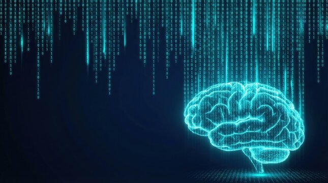 Artificial intelligence concept with glowing digital brain and binary code. Machine learning and deep neural network technology for data analysis and innovation.