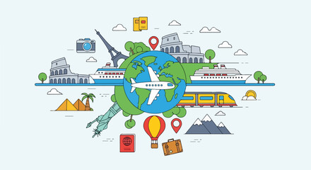 Fototapeta premium Colorful illustration with world, plane, travel icons