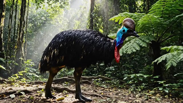 Majestic Cassowary Walks Through Dense Rainforest