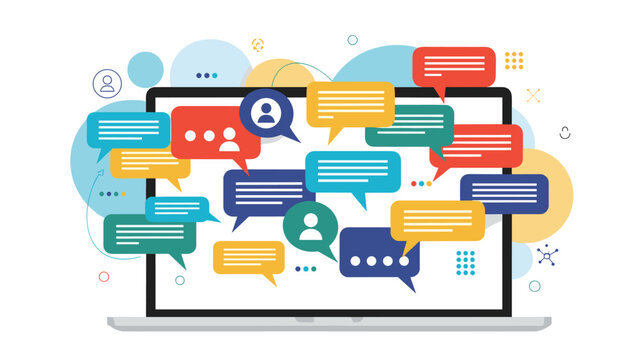 Laptop computer screen completely surrounded by numerous colorful speech bubbles representing intense online communication and networking.