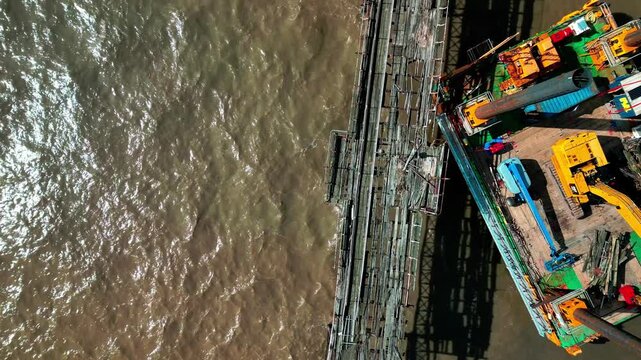 The reconstruction of the old Birnbeck pier in England, platforms and cranes