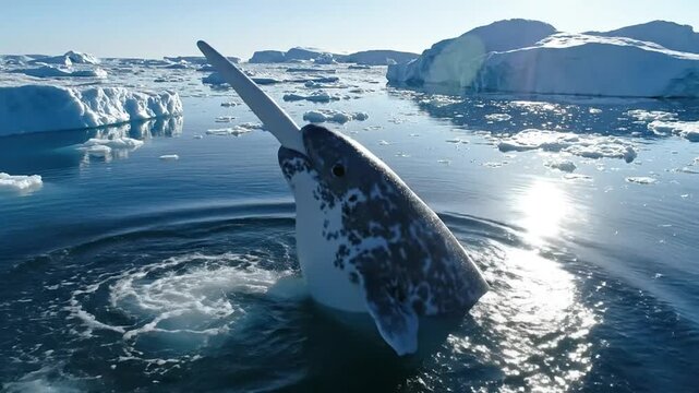 Majestic Narwhal With Iconic Tusk Surfaces in Arctic Waters
