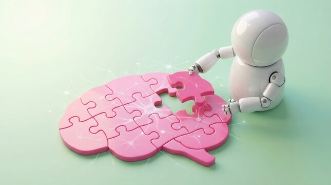 Artificial intelligence brain concept, robot completing pink jigsaw puzzle. Mental health research, AI development and cognitive science innovation.