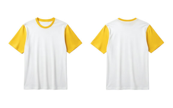Front and back view of a classic white ringer t shirt featuring contrasting yellow short sleeves and collar details for casual wear on transparent background