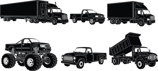 Truck silhouette collection, pickup outline figure, transport motif illustration, vehicle icon art, cargo design graphic, automotive posture symbol image © Fenshi