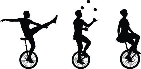 Unicycle performance silhouette illustrations, circus balance artwork, juggling motion design collection, black white figure set, stylized acrobatic profiles © Fenshi