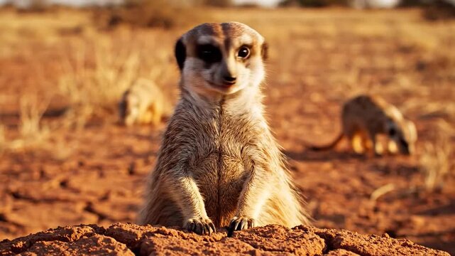 Meerkat stands guard on dusty termite mound