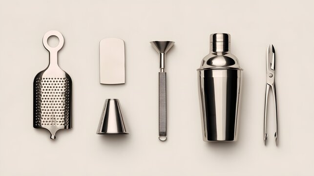 Bar tools set with cocktail shaker jigger strainer muddler and grater arranged on neutral background representing mixology bartending equipment beverage preparation and professional drink making 
