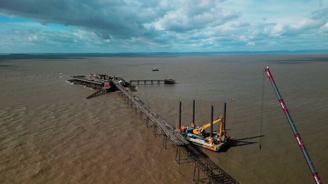 The reconstruction of the old Birnbeck pier in England, platforms and cranes