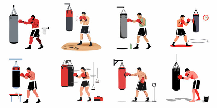 Collection of male and female boxers training with punching bags in various gym settings, showcasing diverse workout routines and athletic equipment.