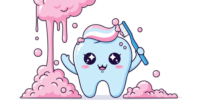 A cheerful cartoon tooth character holding a toothbrush amidst pink foam and bubbles on a clean white background with a playful and dental hygiene theme.