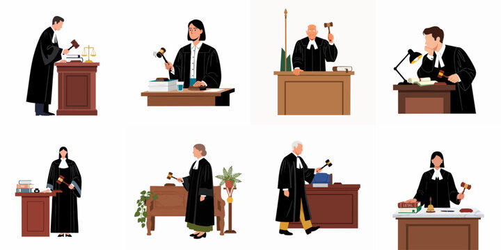 Set of flat vector illustrations depicting diverse male and female judges in robes with gavels and courtroom furniture, representing law and justice.