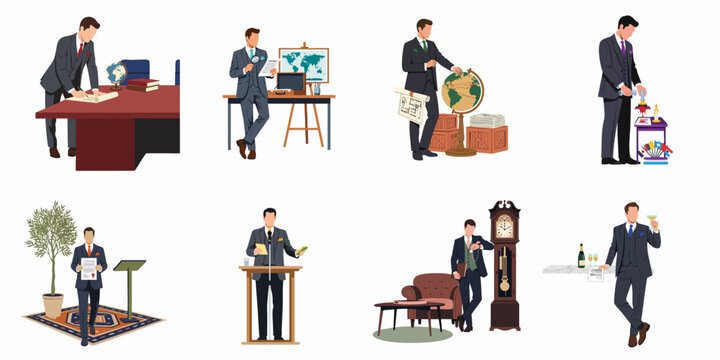 Collection of professional illustrations featuring a businessman in various corporate roles including signing contracts, public speaking, global logistics, and formal celebrations.