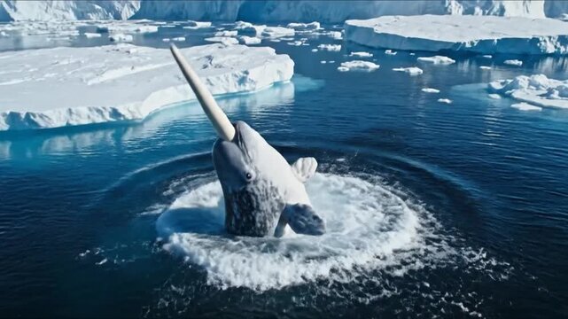 Narwhal Breaching Icy Arctic Waters With Spiraling Tusk