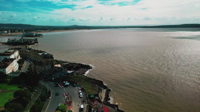 Weston-Super-Mare, A drone flight along the coastline, with views over the Bristol Channel and the surrounding area of the town.