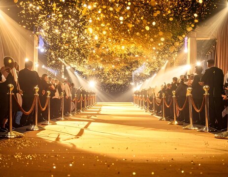 Formal event with a golden carpet, attendees, and confetti, illuminated by spotlights