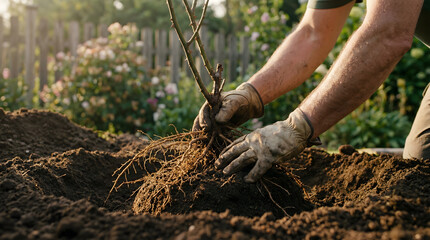 Fototapeta premium Gardener planting a tree with care in a sunny garden soil 