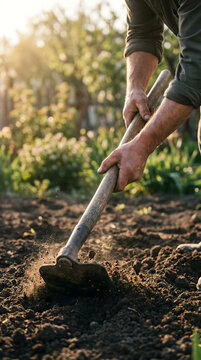 Gardener preparing soil for spring planting with a hoe in sunlight