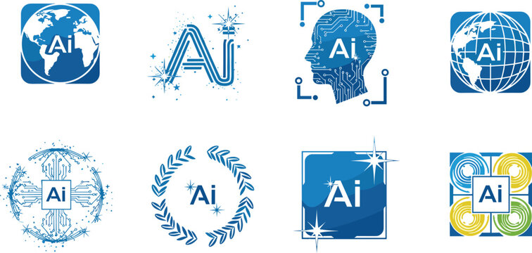 Artificial intelligence logo designs featuring global connectivity, human cognition, circuit technology, innovation, and creative AI concepts for modern digital transformation and smart technology 