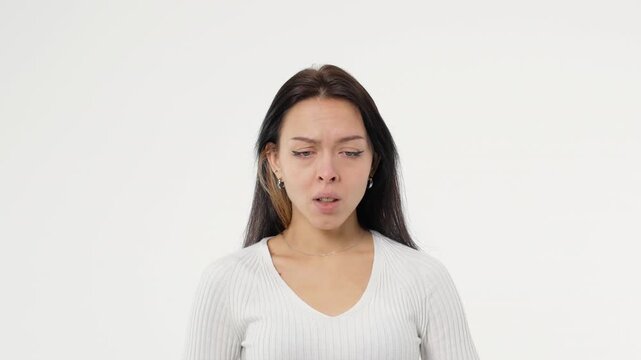 Adult young woman sadness depression tears cries white background isolated space