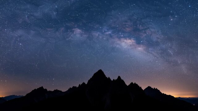 A breathtaking night sky full of stars and the Milky Way arching over dark jagged mountains