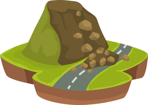 Landslide blocking road with falling rocks and debris