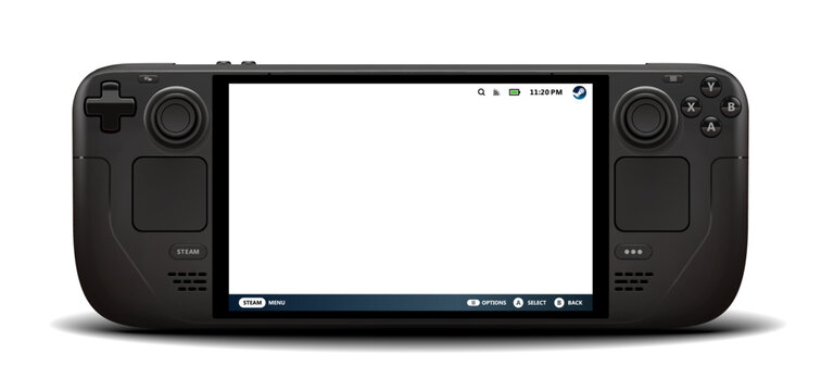 Photorealistic detailed Valve Steam Deck Oled portable console mockup template. Front view with empty screan isolated on transparent background. Vector editorial illustration