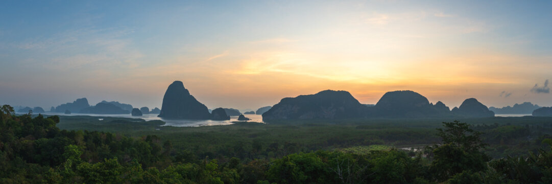 tropical islands in the phang nga bay from samet nangshe viewpoint at sunset in krabi in thailand