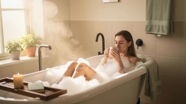 A woman relaxing in a steaming bubble bath sipping a hot drink in a cozy bathroom setting