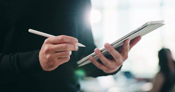 Hands, business and person with tablet in office for research, schedule viewing and real estate. Realtor, stylus and digital to email client, writing report and pricing property for auction inquiry