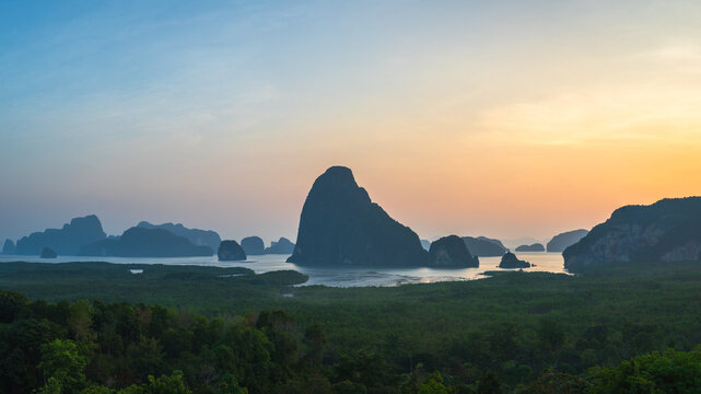 tropical islands in the phang nga bay from samet nangshe viewpoint at sunset in krabi in thailand