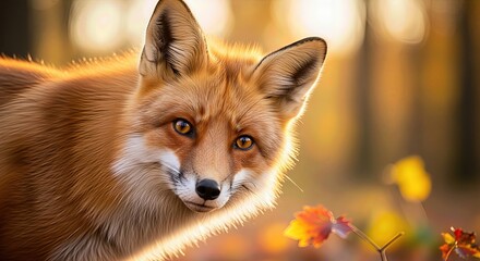 Fototapeta premium A majestic red fox, a wild mammal, observing keenly within its natural autumnal woodland environment, bathed in vibrant golden light, capturing the essence of wilderness, seasonal beauty