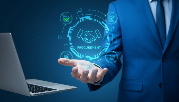 Businessman presenting procurement concept with virtual icon in palm of hand, a laptop on the left.