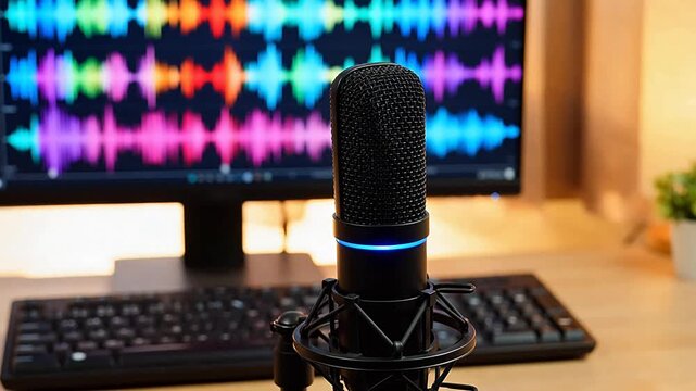 Microphone with colorful audio waves on screen