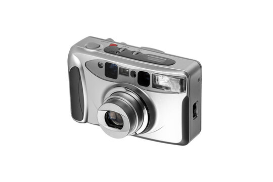 Silver vintage point and shoot film camera isolated on white back