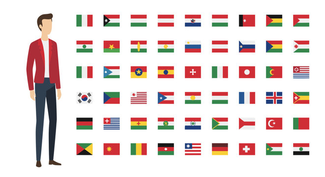 Large International Flags Collection with Businessman