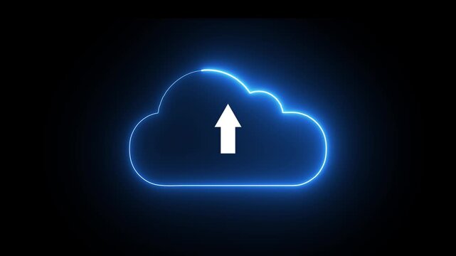 Glowing neon line Cloud file upload with loading bar icon animation on black background.4k neon concept video animation,