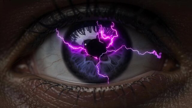 Close up of a human eye glowing with electric blue and purple lightning energy effects