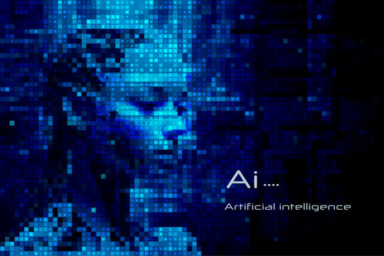 Abstract grid pixel, dot pattern background. Vector illustration element with square, geometric mosaic, texture on dark blue color. Graphic design for digital datum, Robot Artificial Intelligence, tec