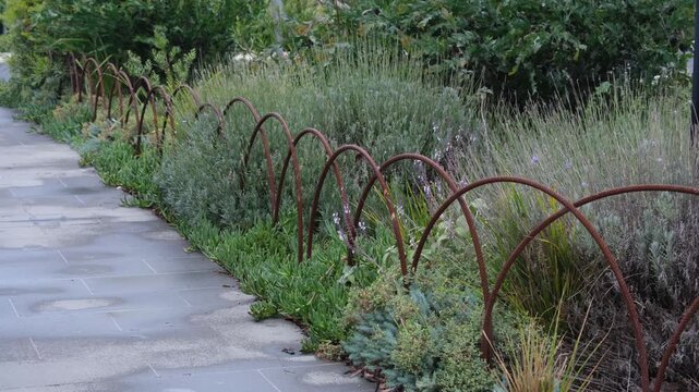 Curved metal hoop fence or decorative barrier edging along landscaped garden beside a public sidewalk in Melbourne Australia. Soft boundary design in urban landscaping design