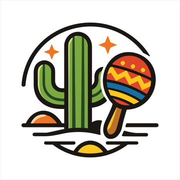 Vibrant desert scene with cactus and maraca