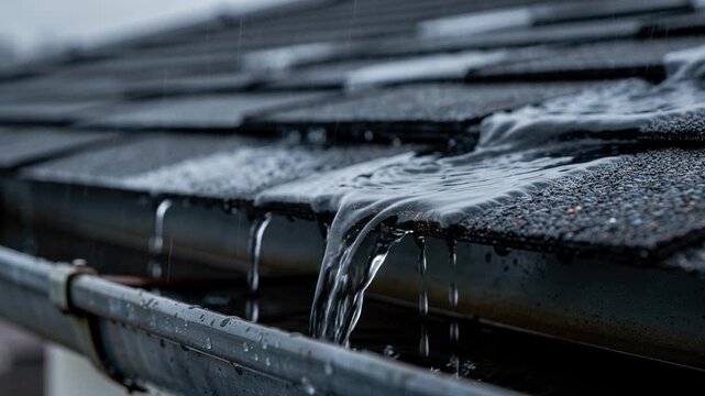 Heavy rain pouring over textured rooftop with water overflowing shingles during intense storm