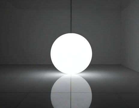 A luminous glowing white orb floating effortlessly inside a dark minimalist room with soft grey reflections