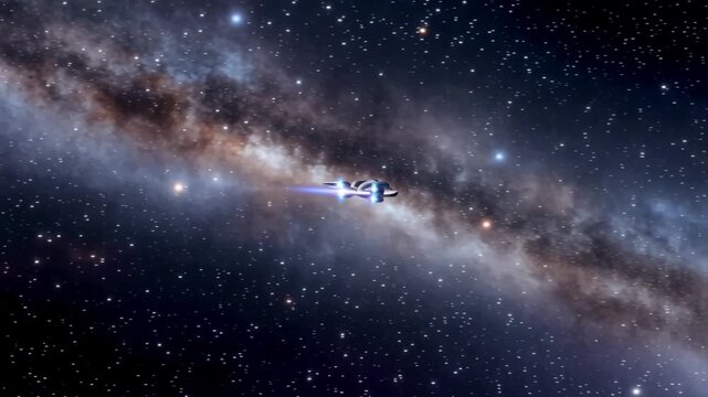 A futuristic spacecraft hurtles through a starry night sky with a vibrant blue light trail