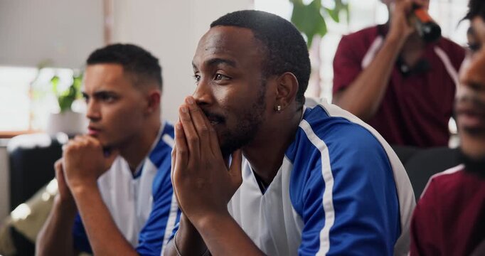 Nervous, friends or man watching tv in home, football competition or worry for final tournament round. Broadcast, anxious or people with stress for soccer match pressure, live stream or sports fans
