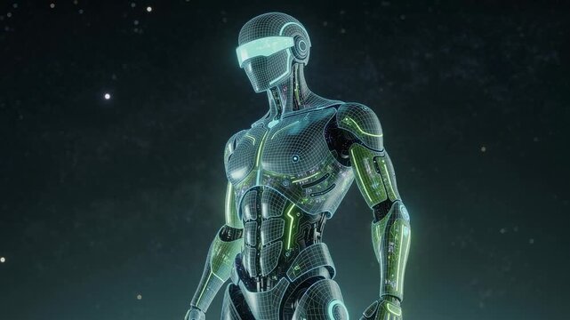 Futuristic translucent android standing under a starry night sky with glowing lights and advanced technology