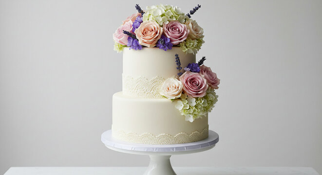 Elegant wedding cake with flowers on white cake stand in soft natural lighting for wedding reception